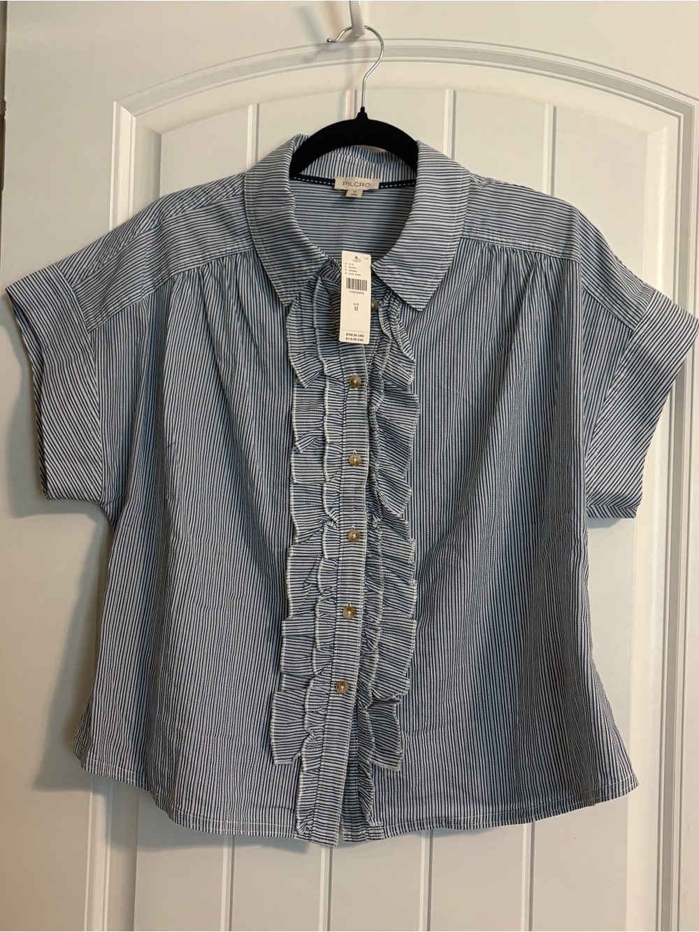 Anthropologie Pilcro Blue and White Pinstripe Ruffle Front Blouse